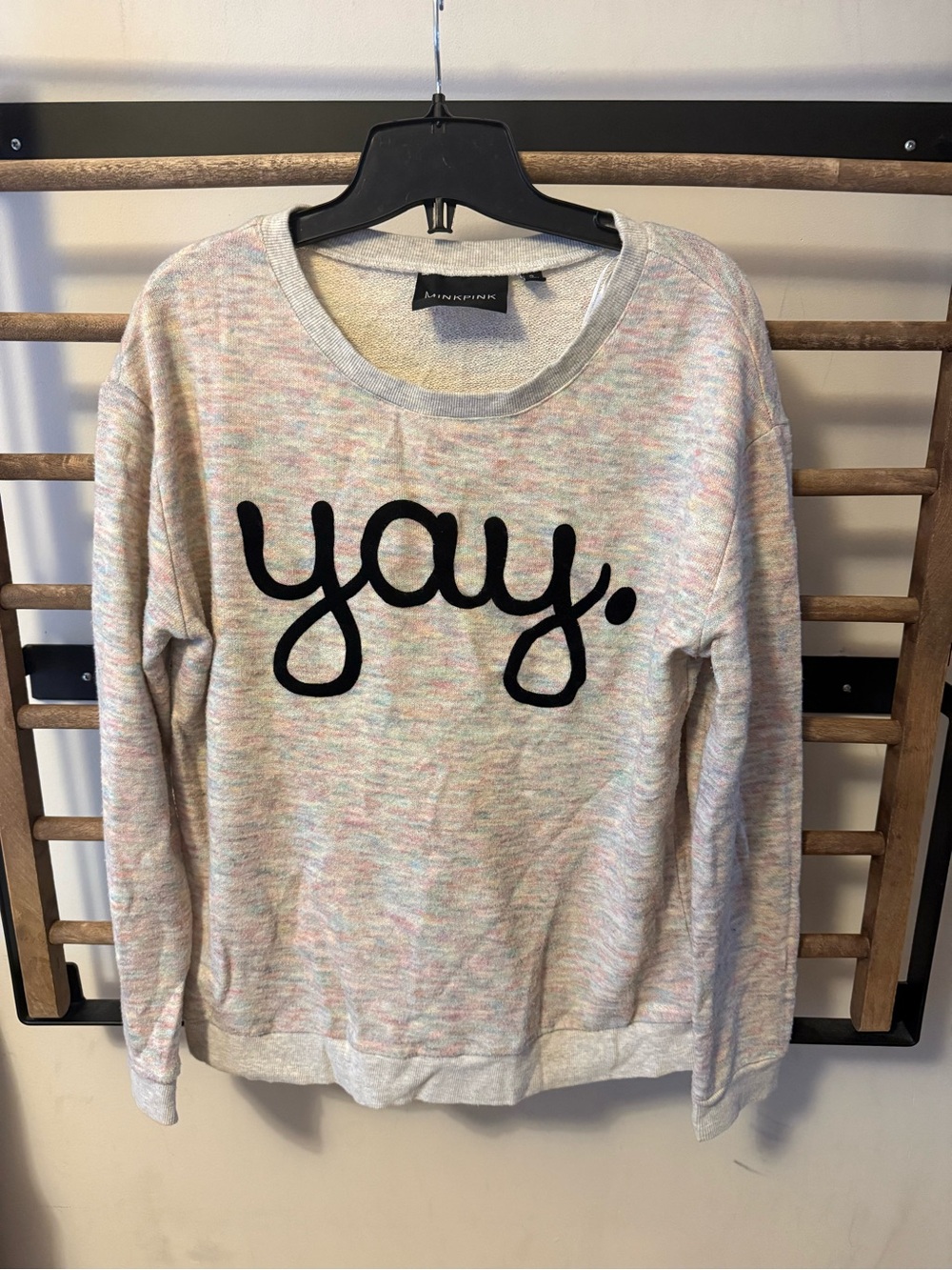 MINKPINK Heathered Pastel 'yay.' Crewneck Sweater in Pink, Blue, Cream